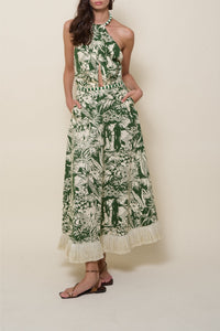 Heritage cotton dress with a tie-up neckline - Green