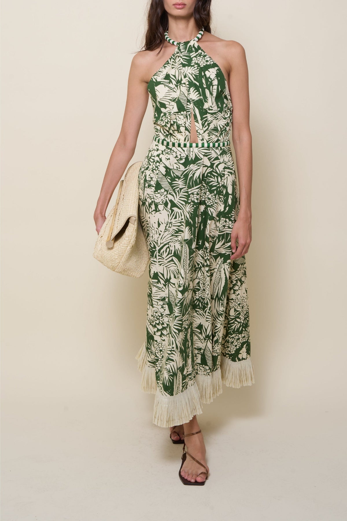 Heritage cotton dress with a tie-up neckline - Green