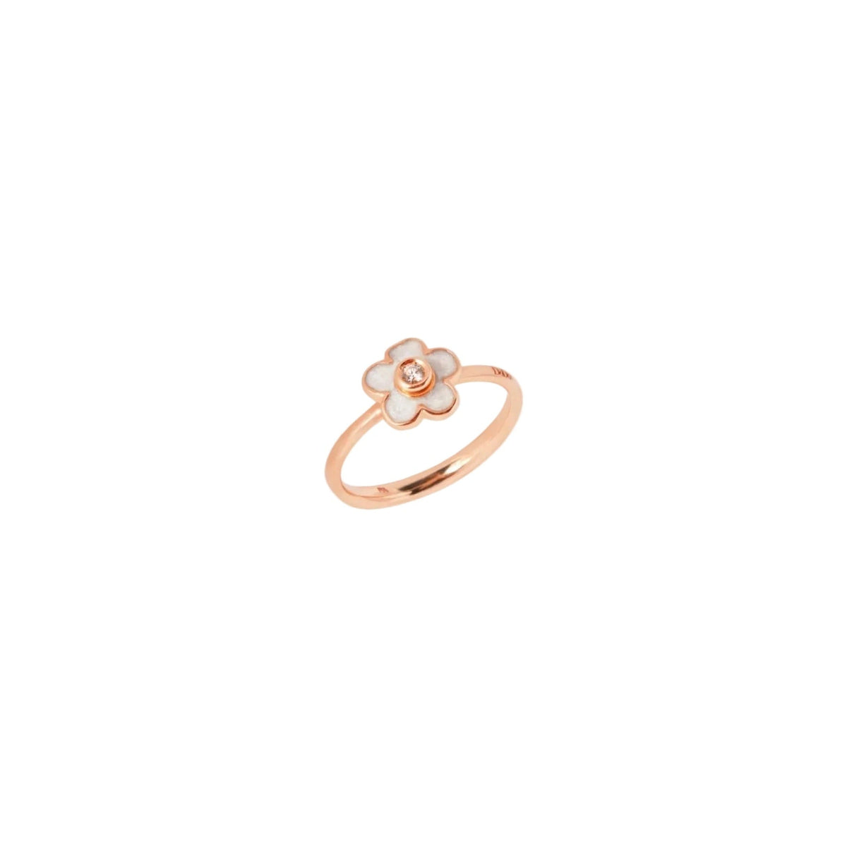 FLOWER RING IN 9K ROSE GOLD AND CATHEDRAL EFFECT MOTHER OF PEARL ENAMEL AND ONE CENTRAL WHITE DIAMOND (CT 0.03).