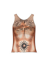 Débardeur Tattoo imprimé en tulle - Nude & Brown & Black