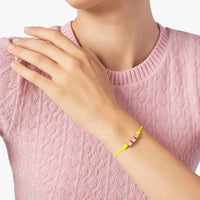 18K ROSE GOLD PLEATED SILVER SYMBOLS BRACELET WITH "ME<3" ENGRAVED WORD, FLUO YELLOW POLYESTER CORD
