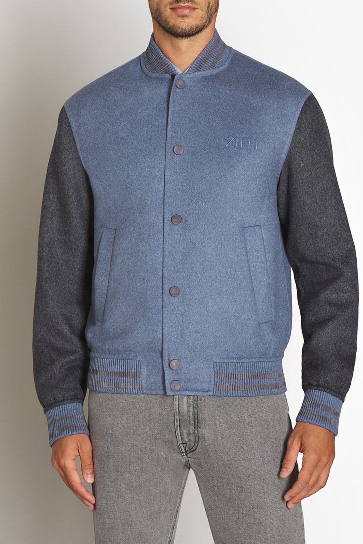Bomber à manches contrastées en laine et cachemire - Pale Blue Onyx