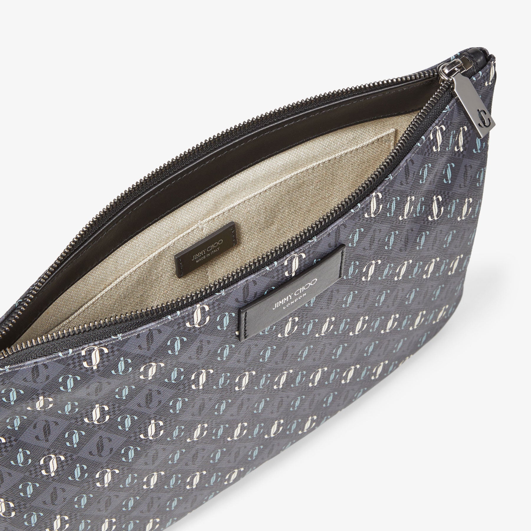 Derek-N JC print leather clutch bag - Smoke & Sage Mix