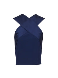 Haut crêpe en satin à col croisé - Bleu Nuit