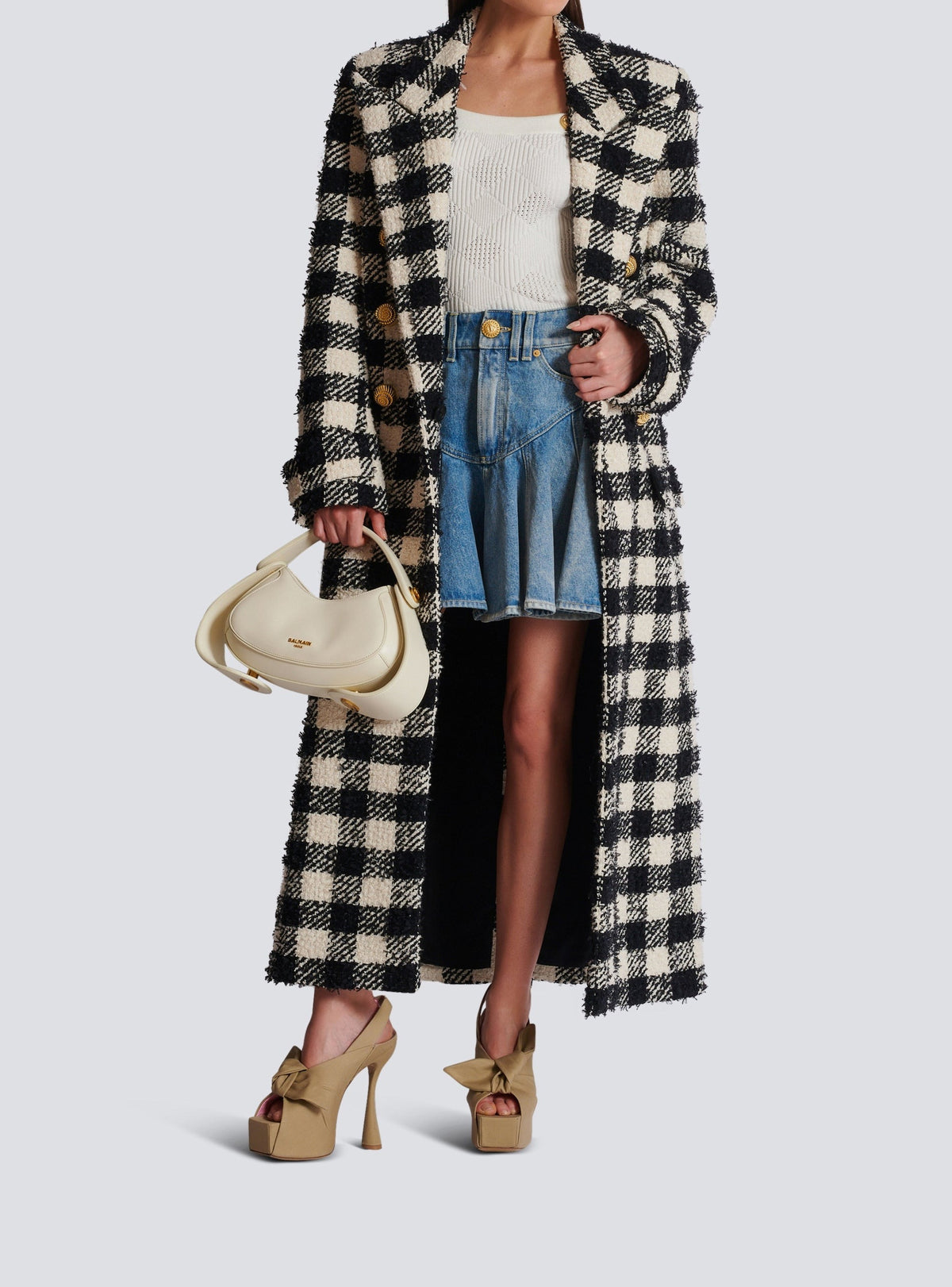 Cropped gingham open-knit top - White