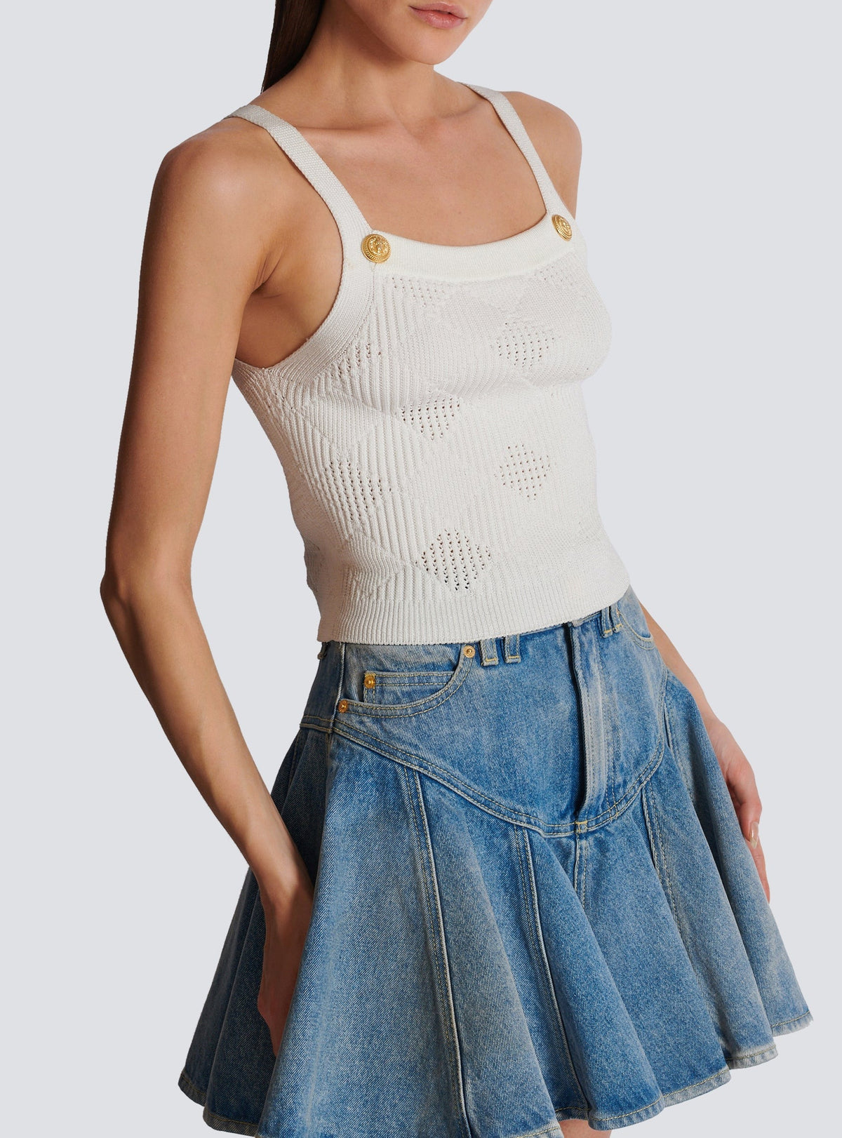 Cropped gingham open-knit top - White