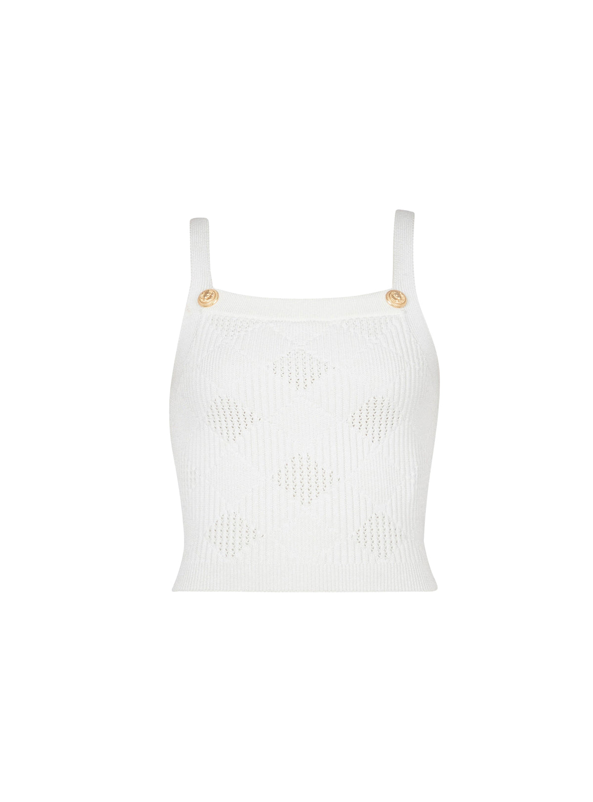 Cropped gingham open-knit top - White