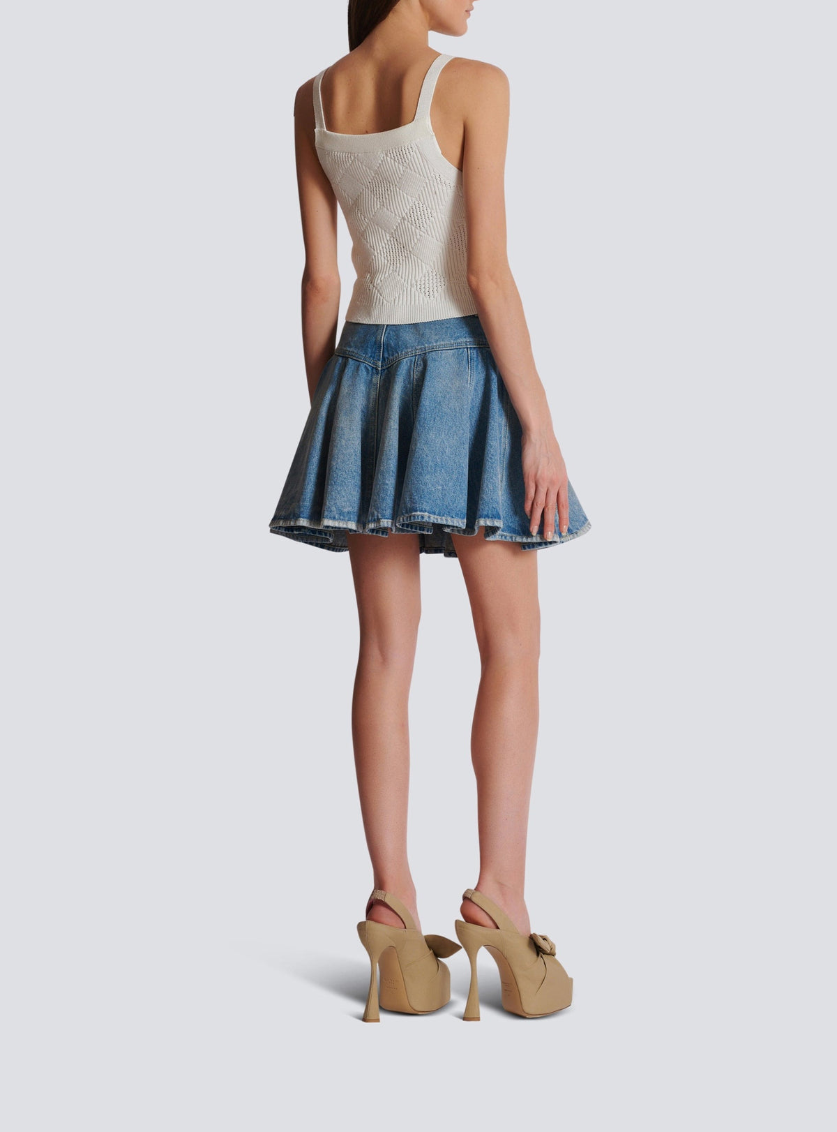 Cropped gingham open-knit top - White