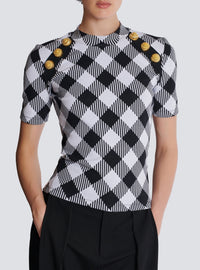 T-shirt with gingham buttons - Black & White
