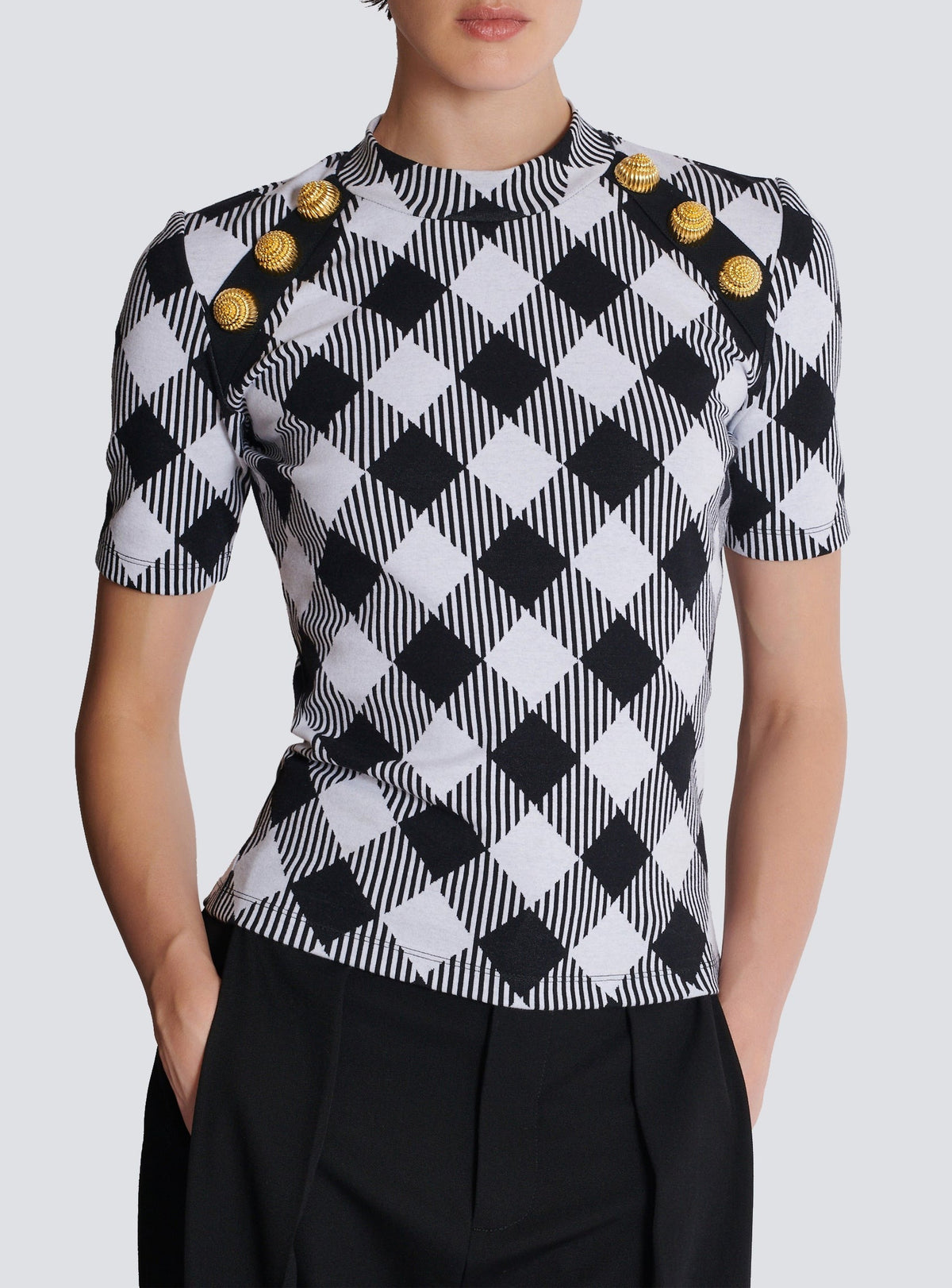T-shirt with gingham buttons - Black & White