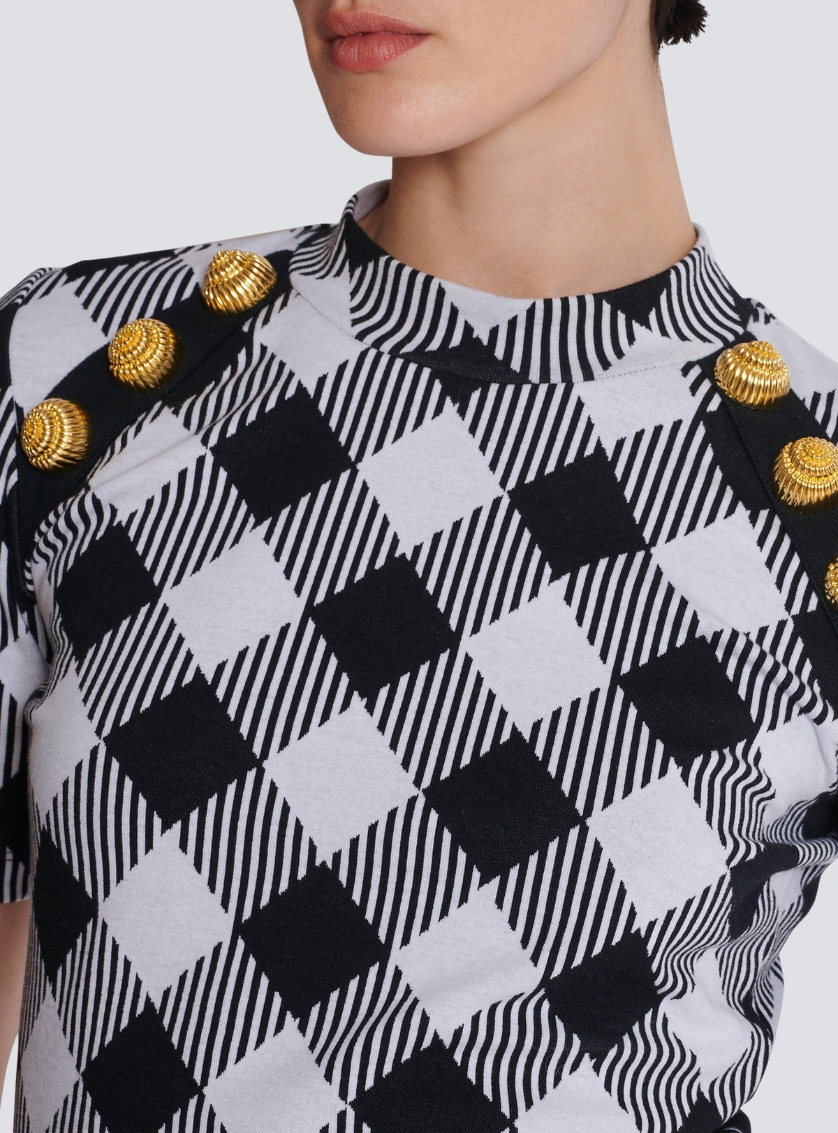 T-shirt with gingham buttons - Black & White