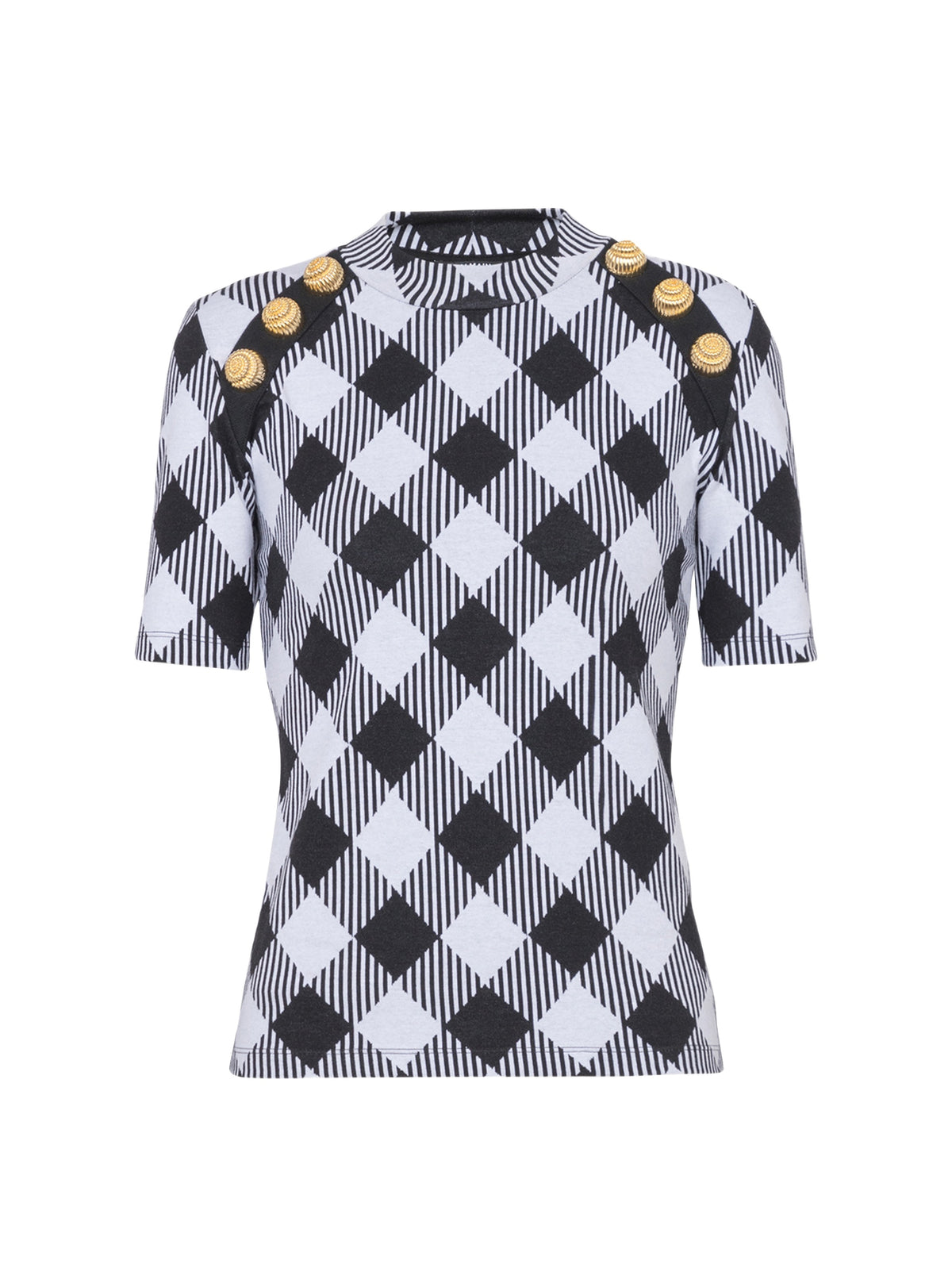 T-shirt with gingham buttons - Black & White