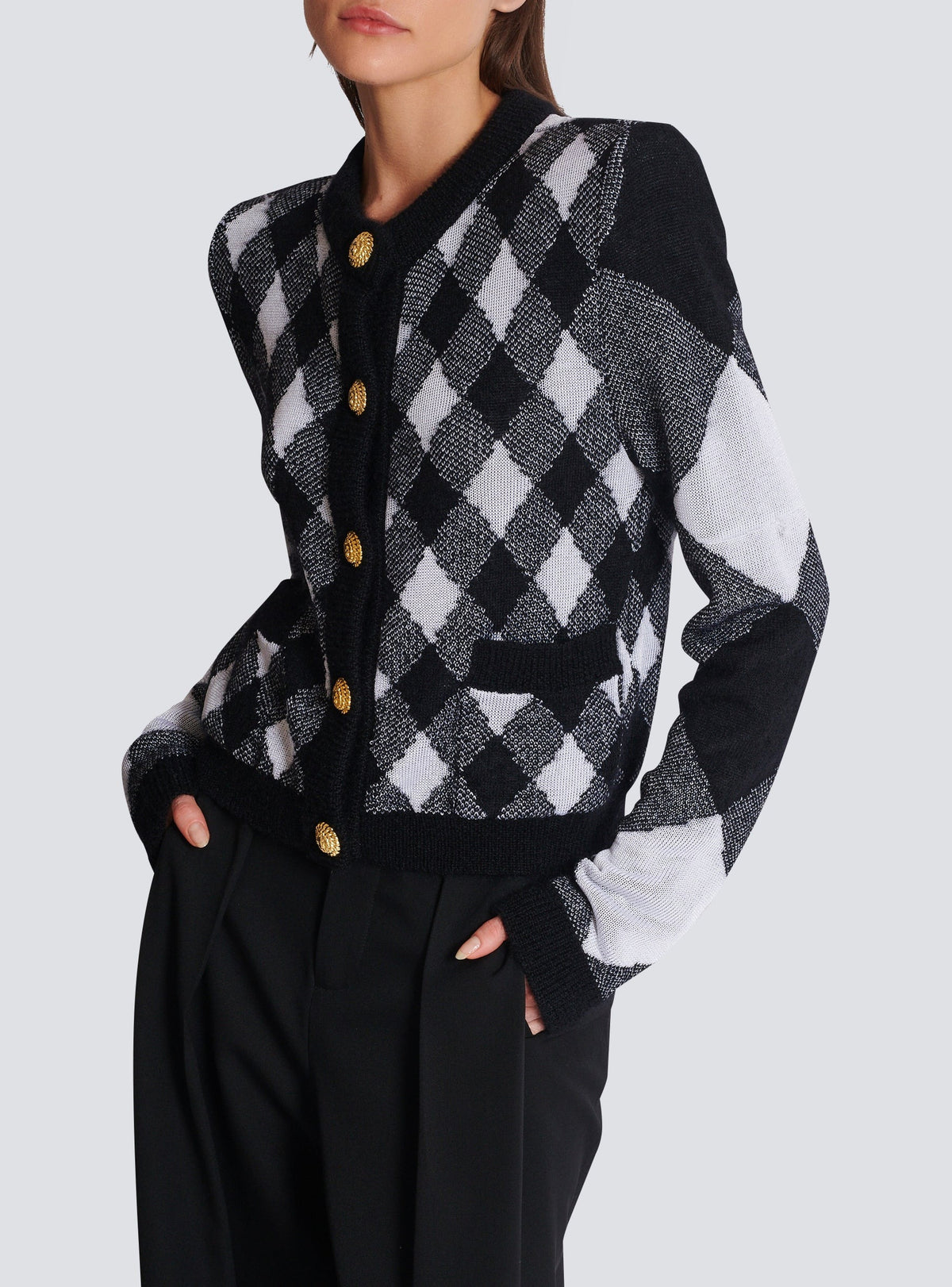 Cardigan in gingham knit - Black & White