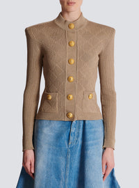 Cardigan en maille ajourée vichy - Beige