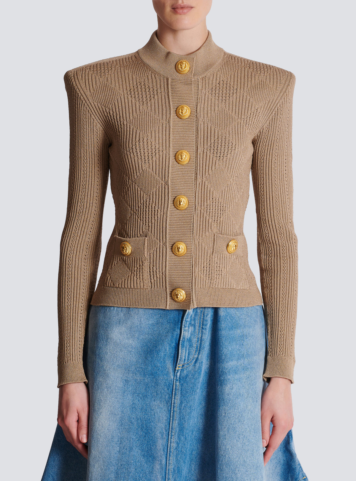 Cardigan en maille ajourée vichy - Beige