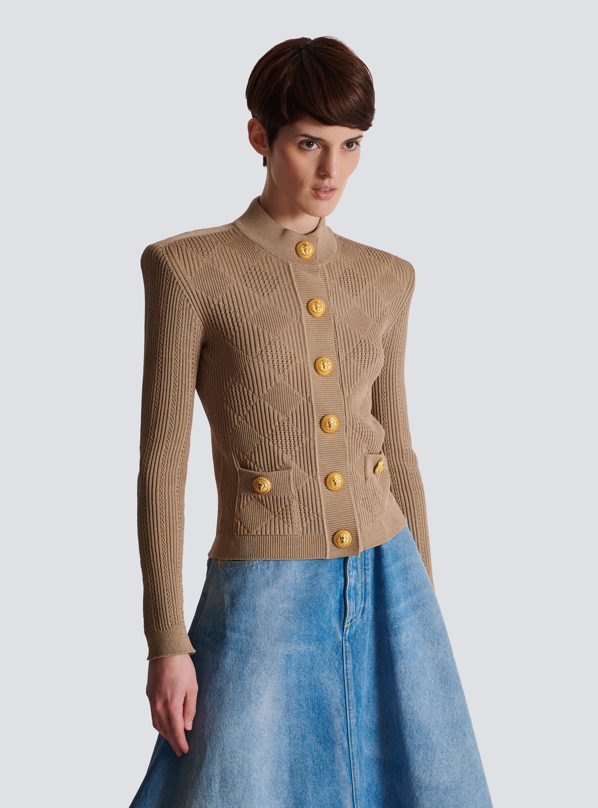 Cardigan en maille ajourée vichy - Beige