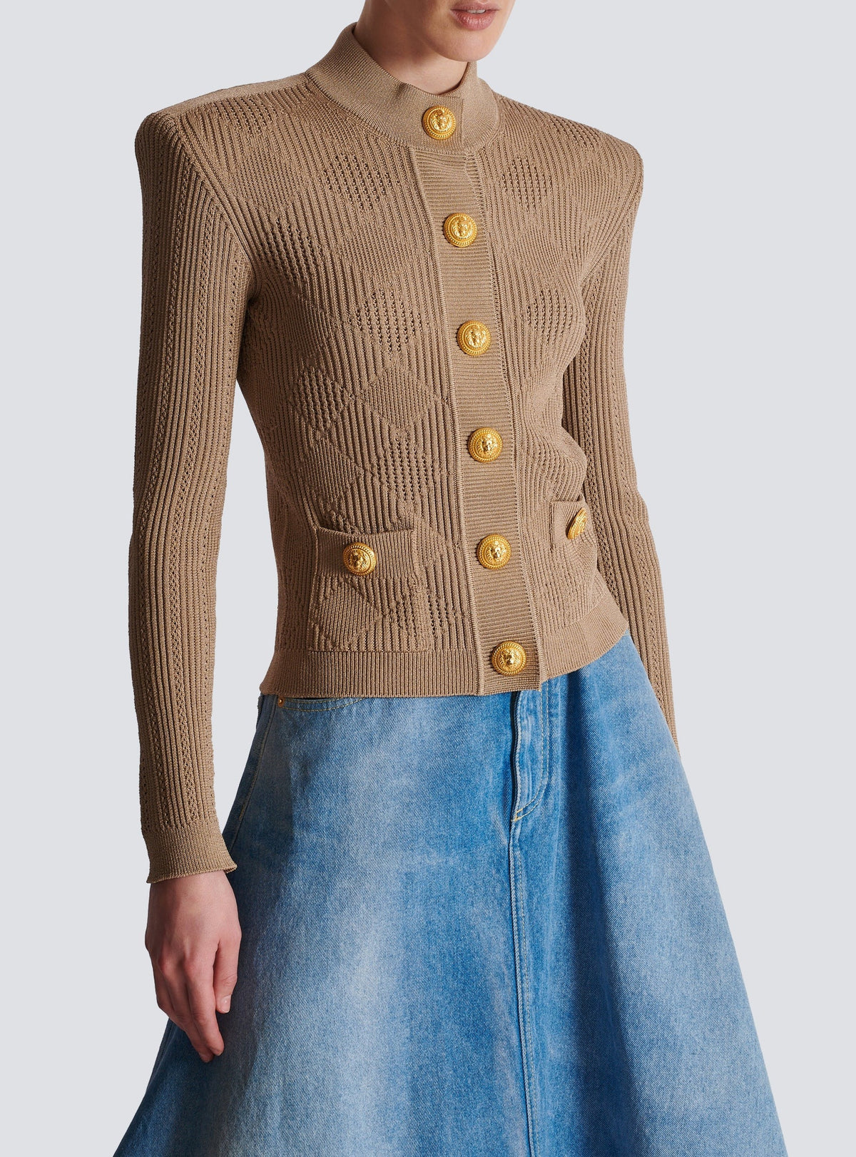 Cardigan en maille ajourée vichy - Beige