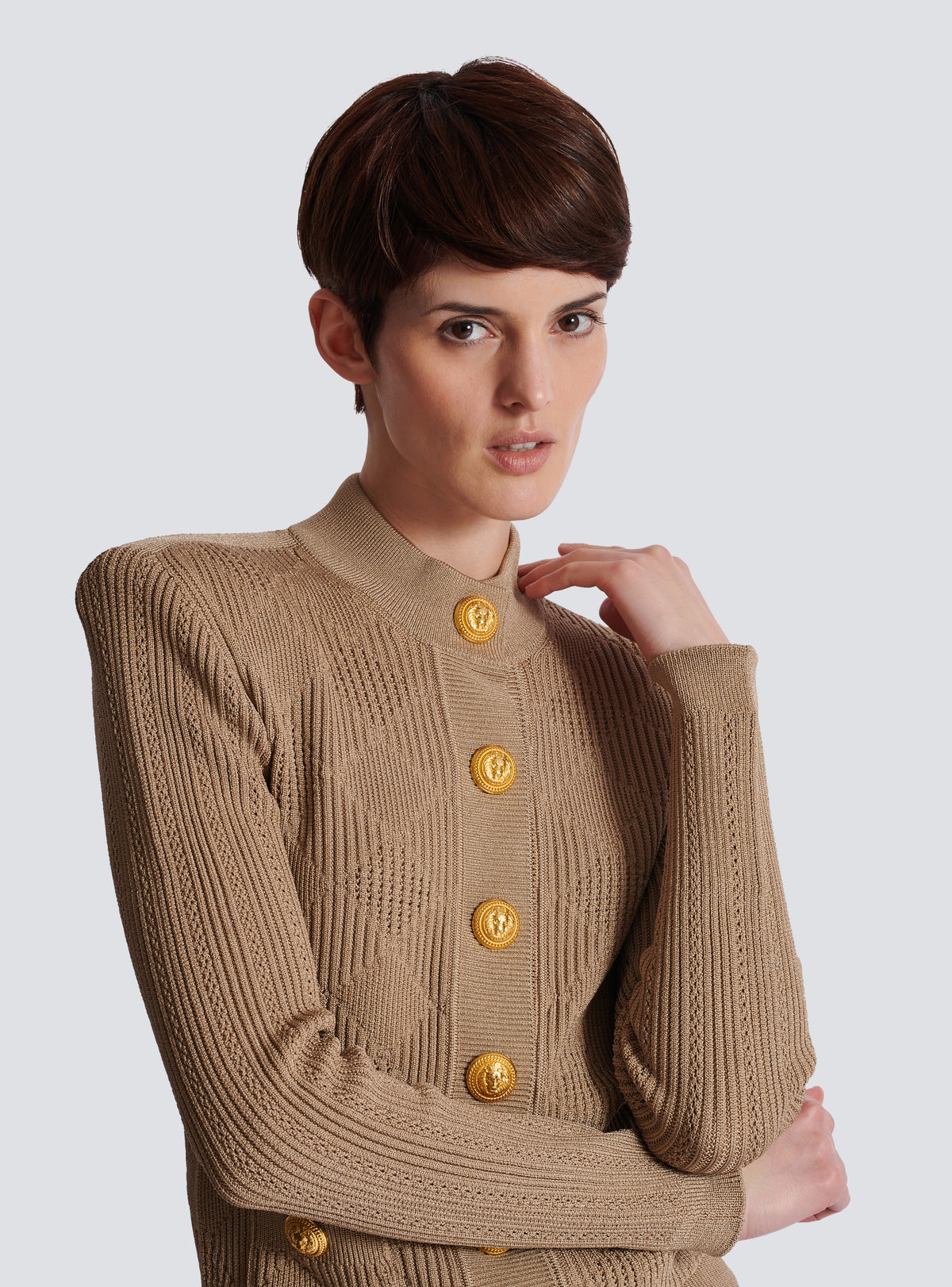 Cardigan en maille ajourée vichy - Beige