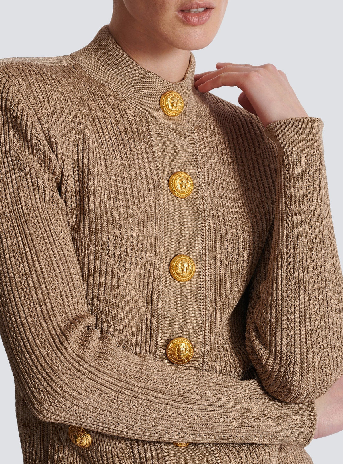 Cardigan en maille ajourée vichy - Beige