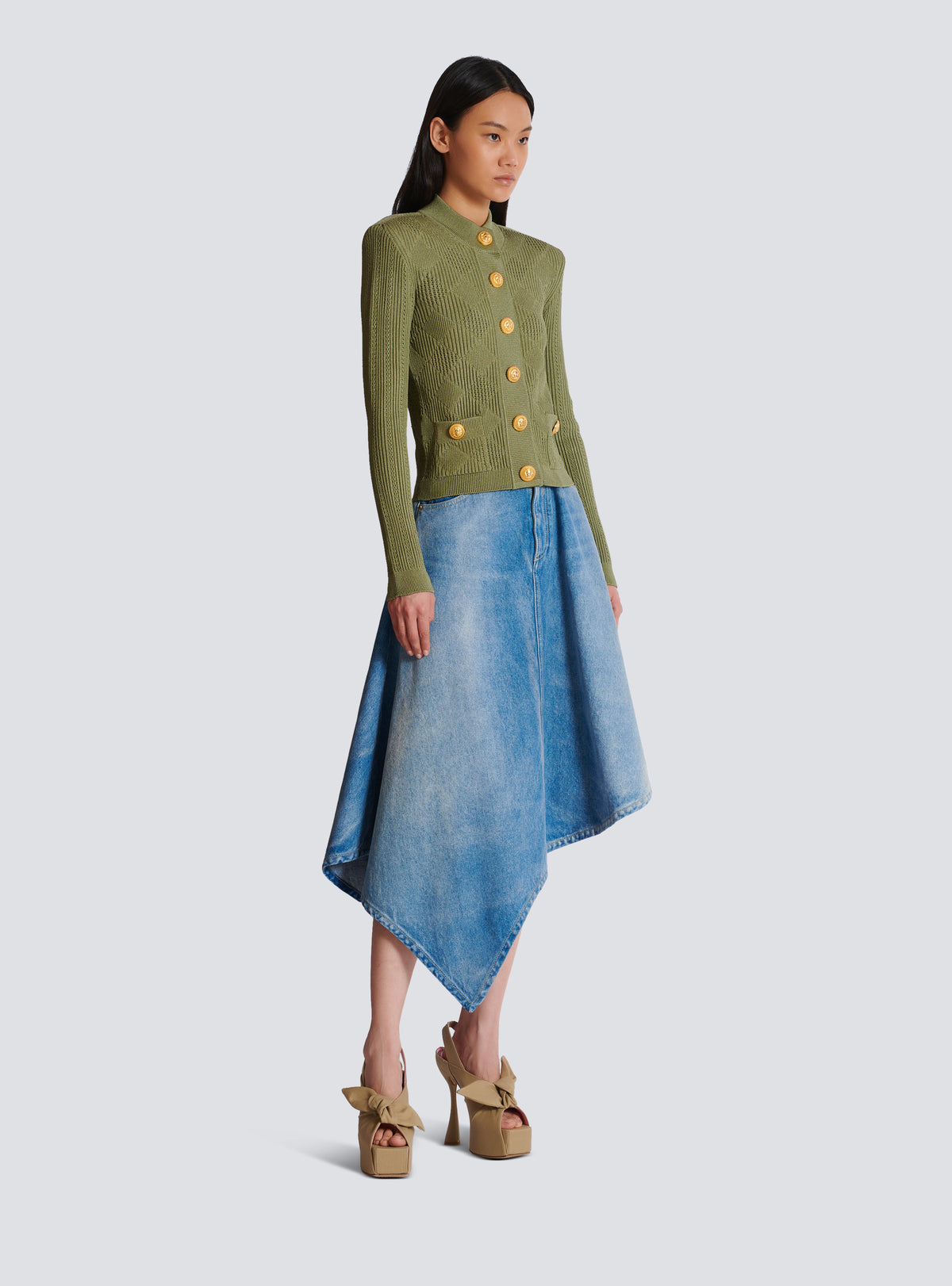 Cardigan en maille ajourée vichy - Olive