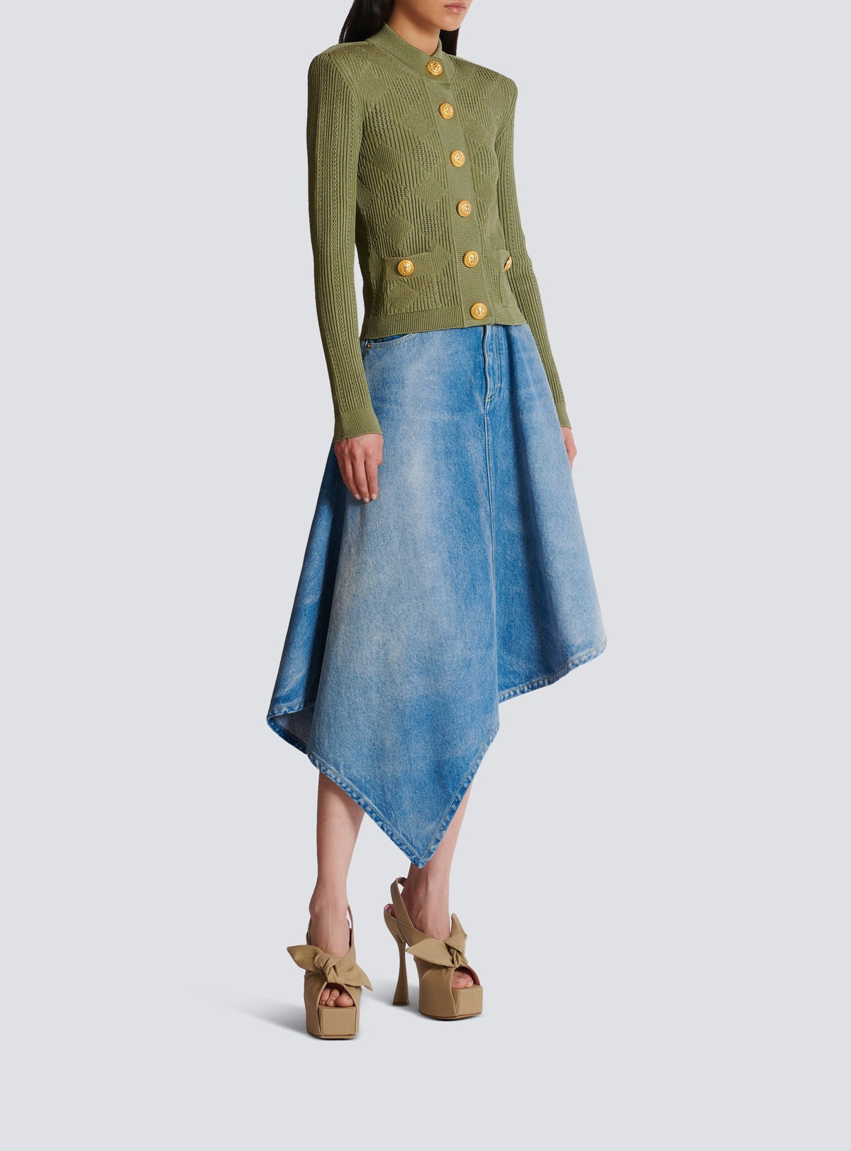 Cardigan en maille ajourée vichy - Olive