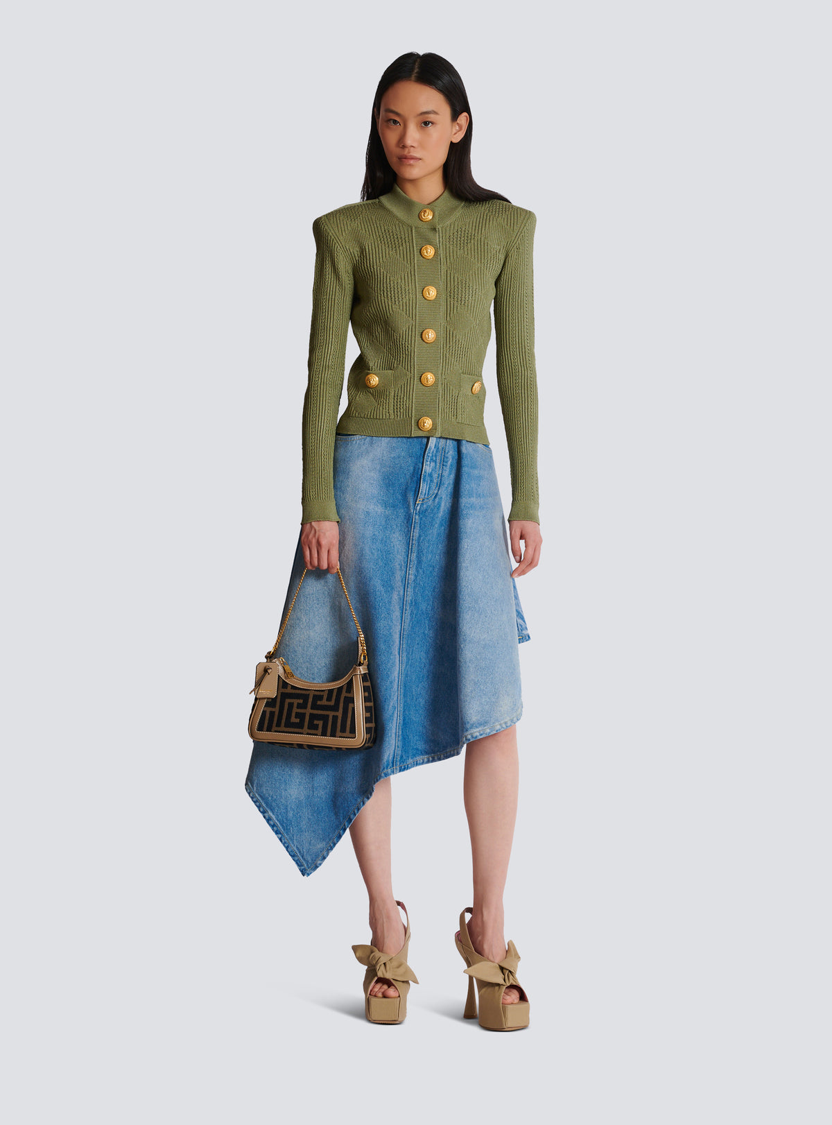 Cardigan en maille ajourée vichy - Olive