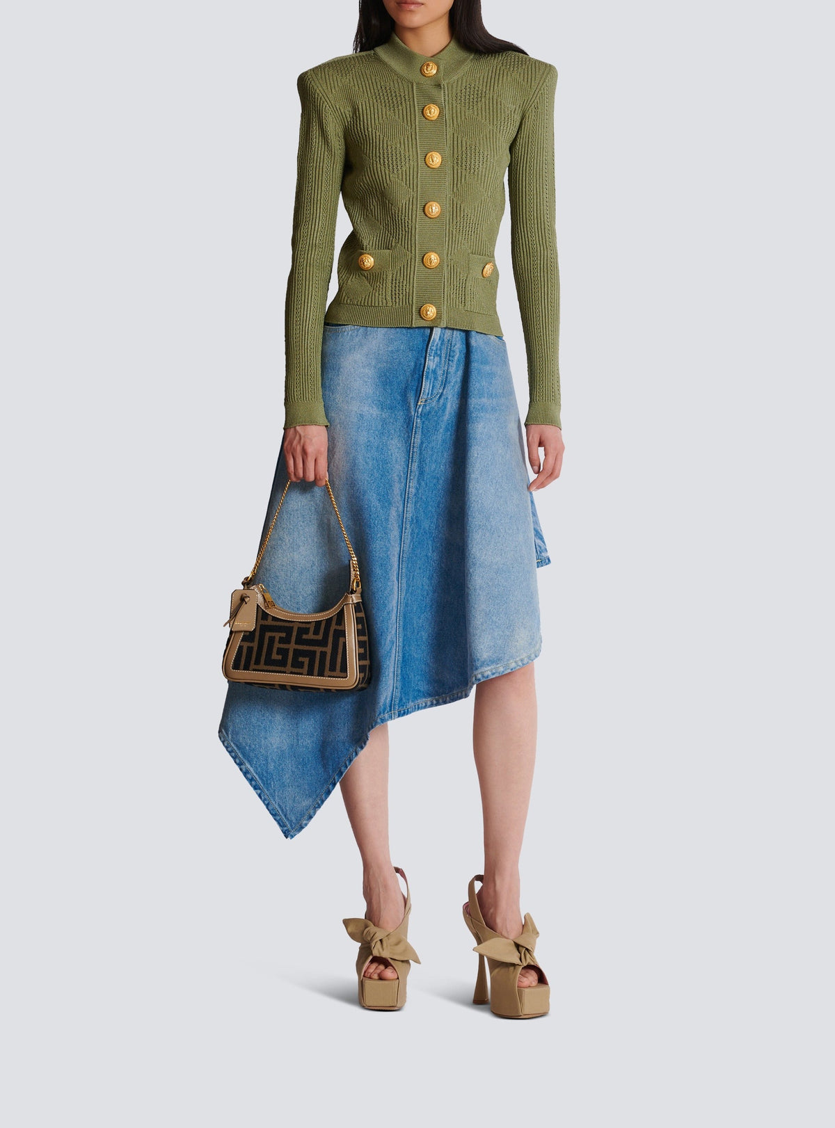 Cardigan en maille ajourée vichy - Olive