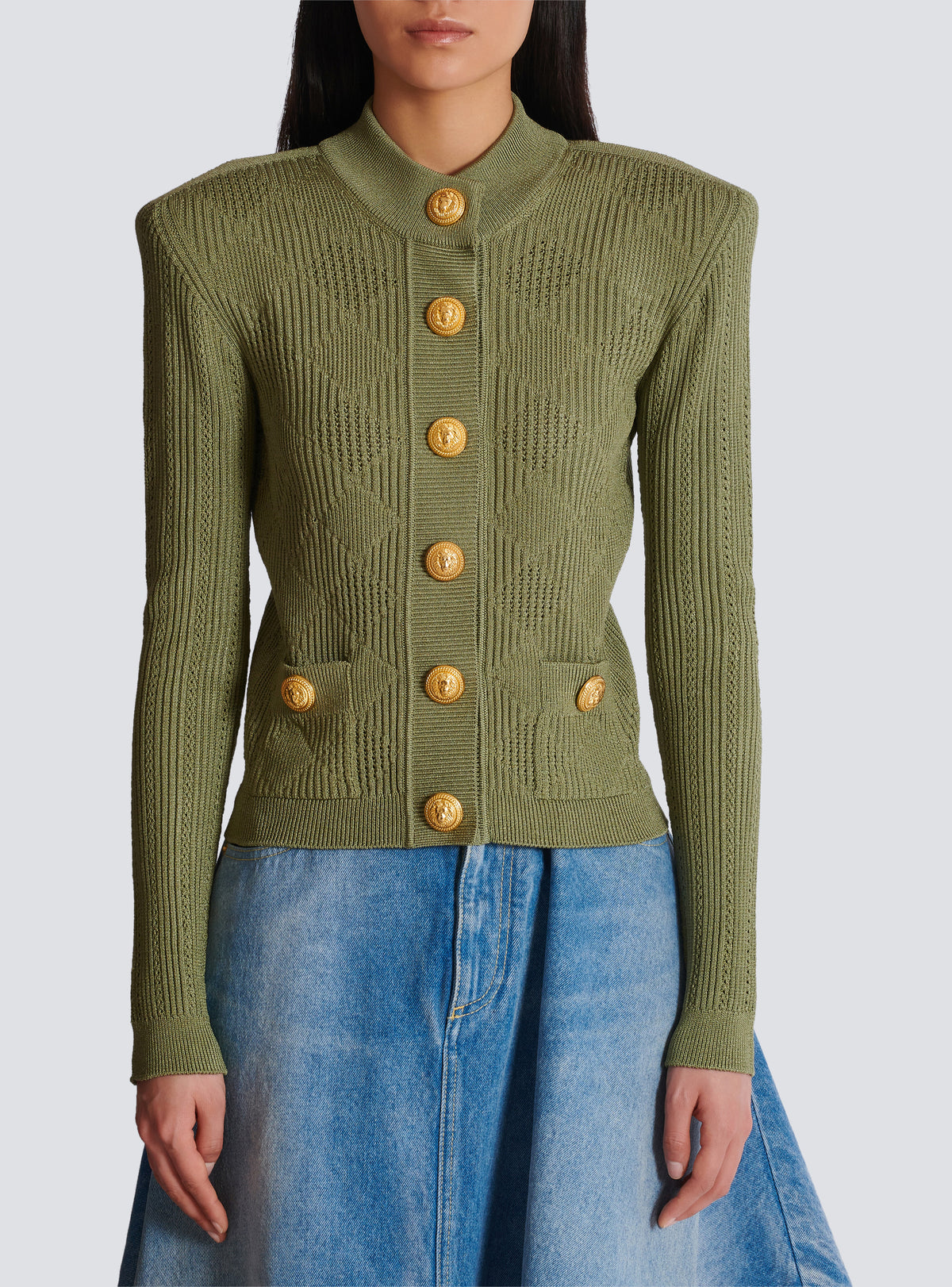Cardigan en maille ajourée vichy - Olive
