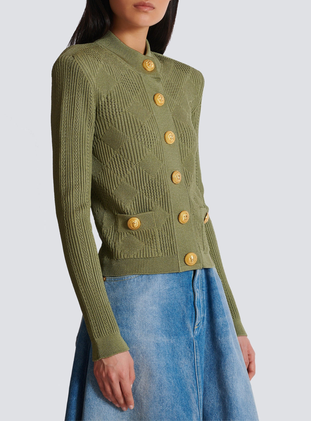 Cardigan en maille ajourée vichy - Olive