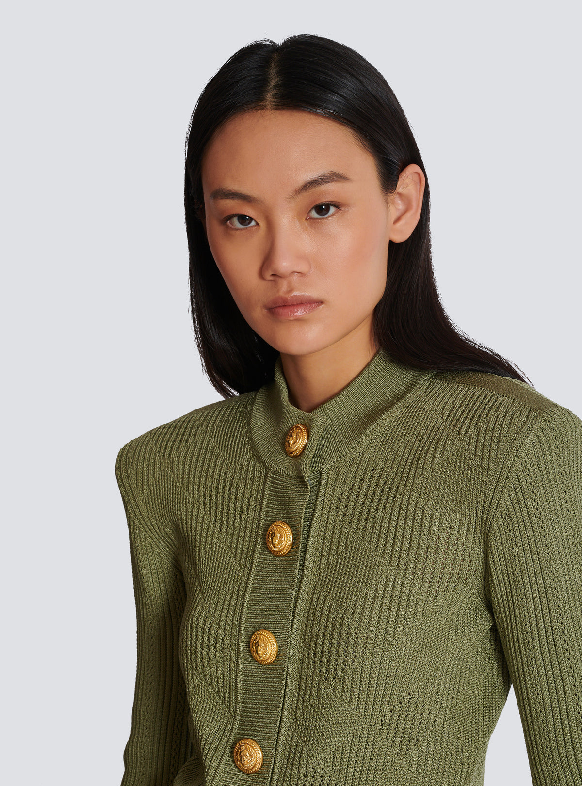 Cardigan en maille ajourée vichy - Olive