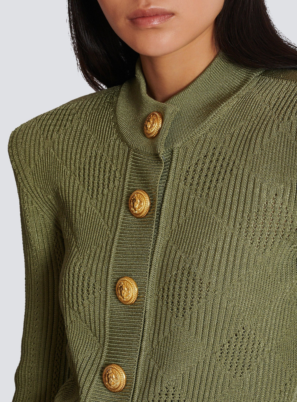 Cardigan en maille ajourée vichy - Olive