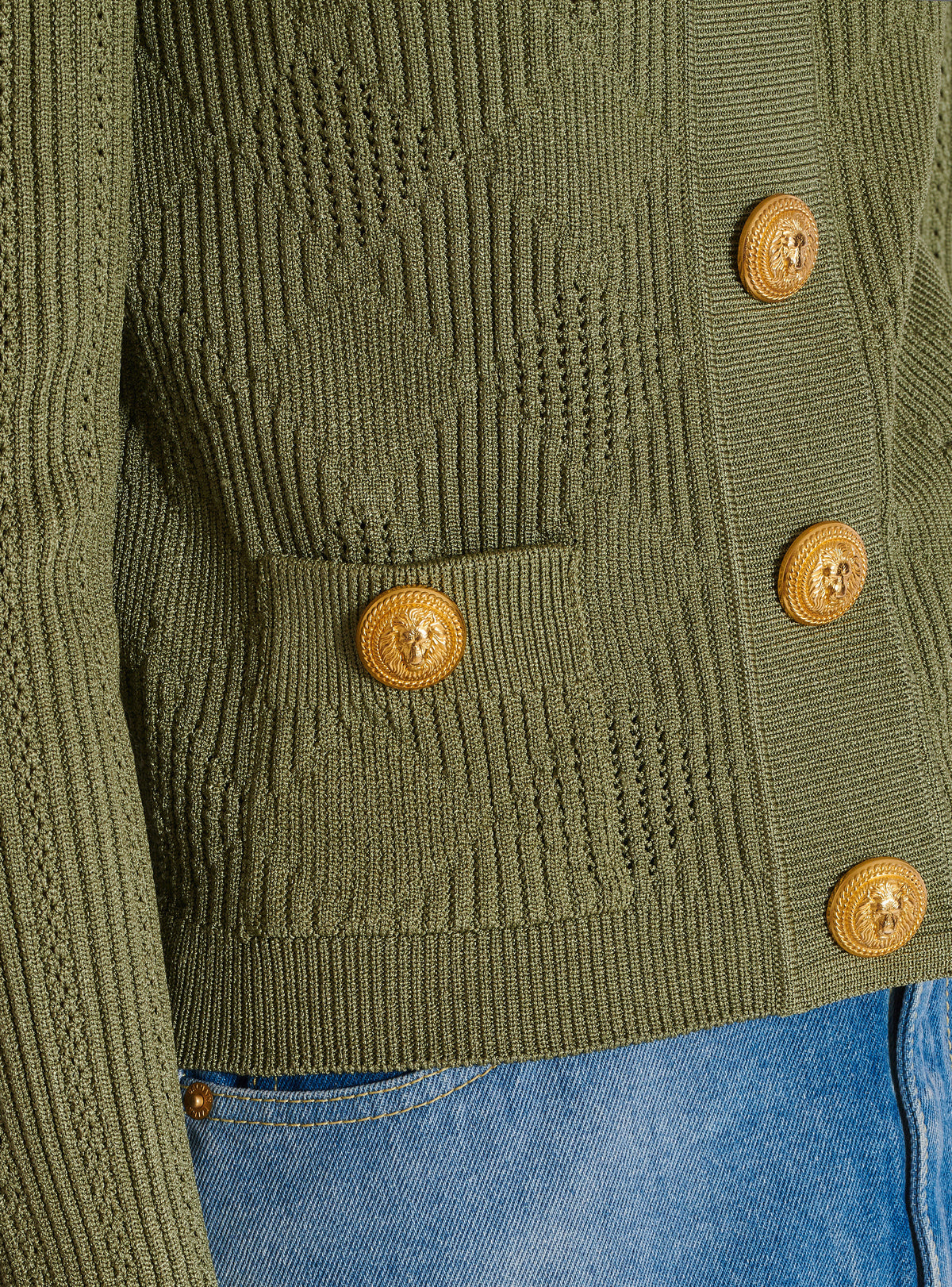 Cardigan en maille ajourée vichy - Olive
