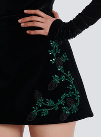 Jupe trapèze en velours brodé mûre - Noir & Vert