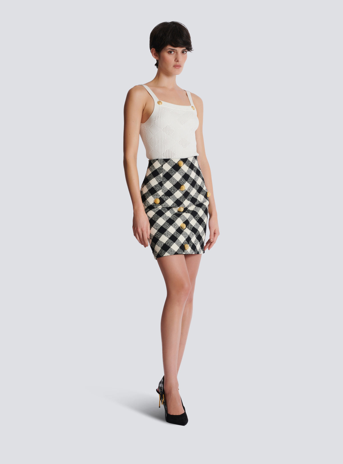 Jupe courte en tweed vichy boutonnée - Noir & Blanc