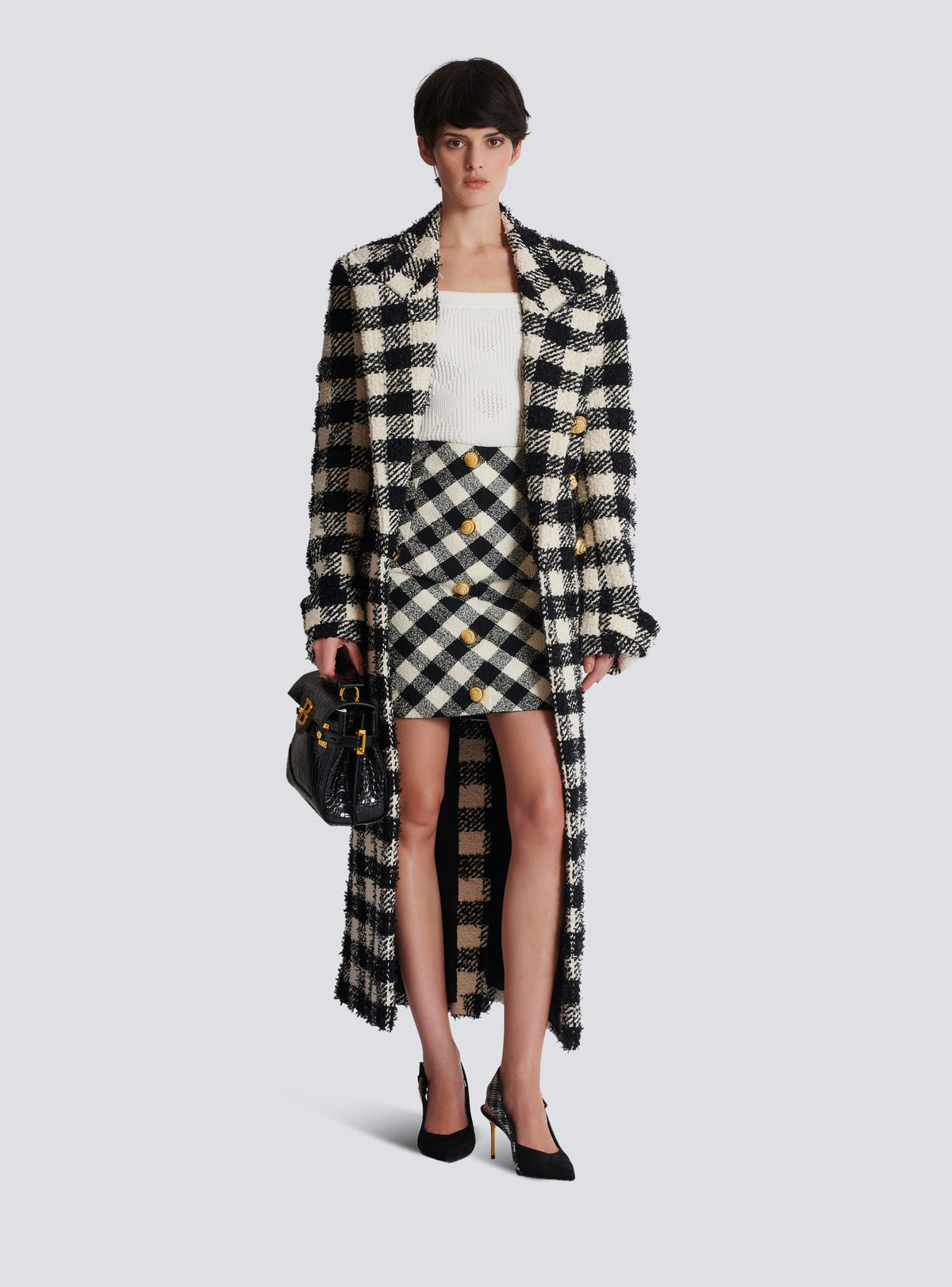 Jupe courte en tweed vichy boutonnée - Noir & Blanc