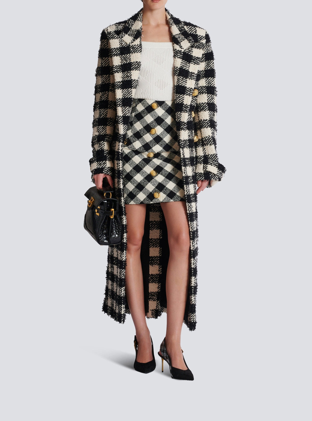 Short gingham tweed skirt - Black & White