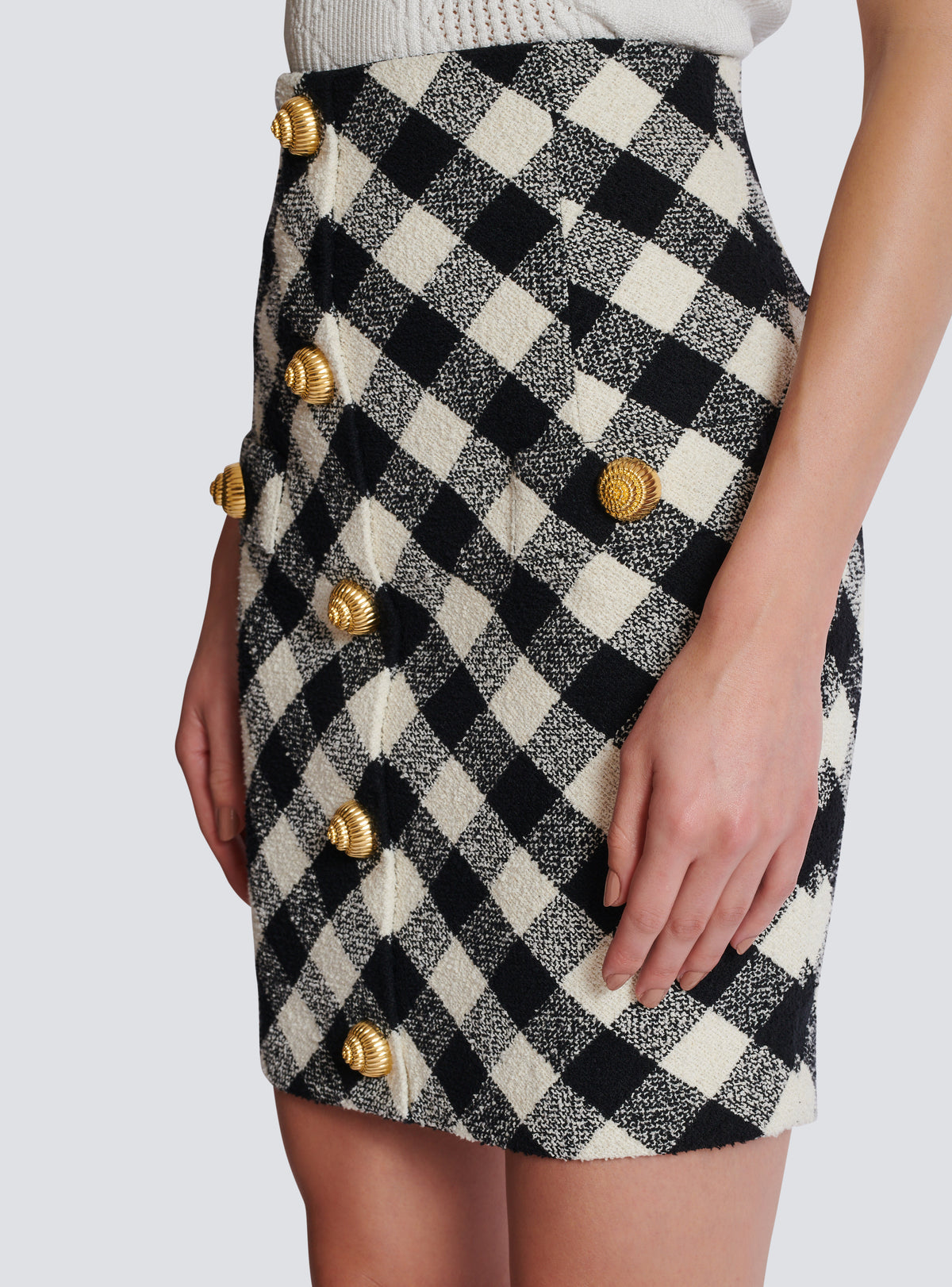 Jupe courte en tweed vichy boutonnée - Noir & Blanc