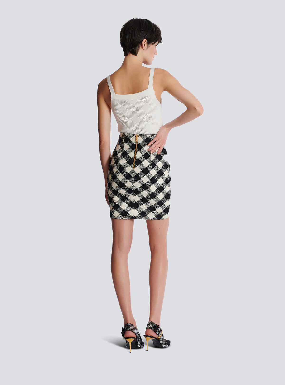 Jupe courte en tweed vichy boutonnée - Noir & Blanc