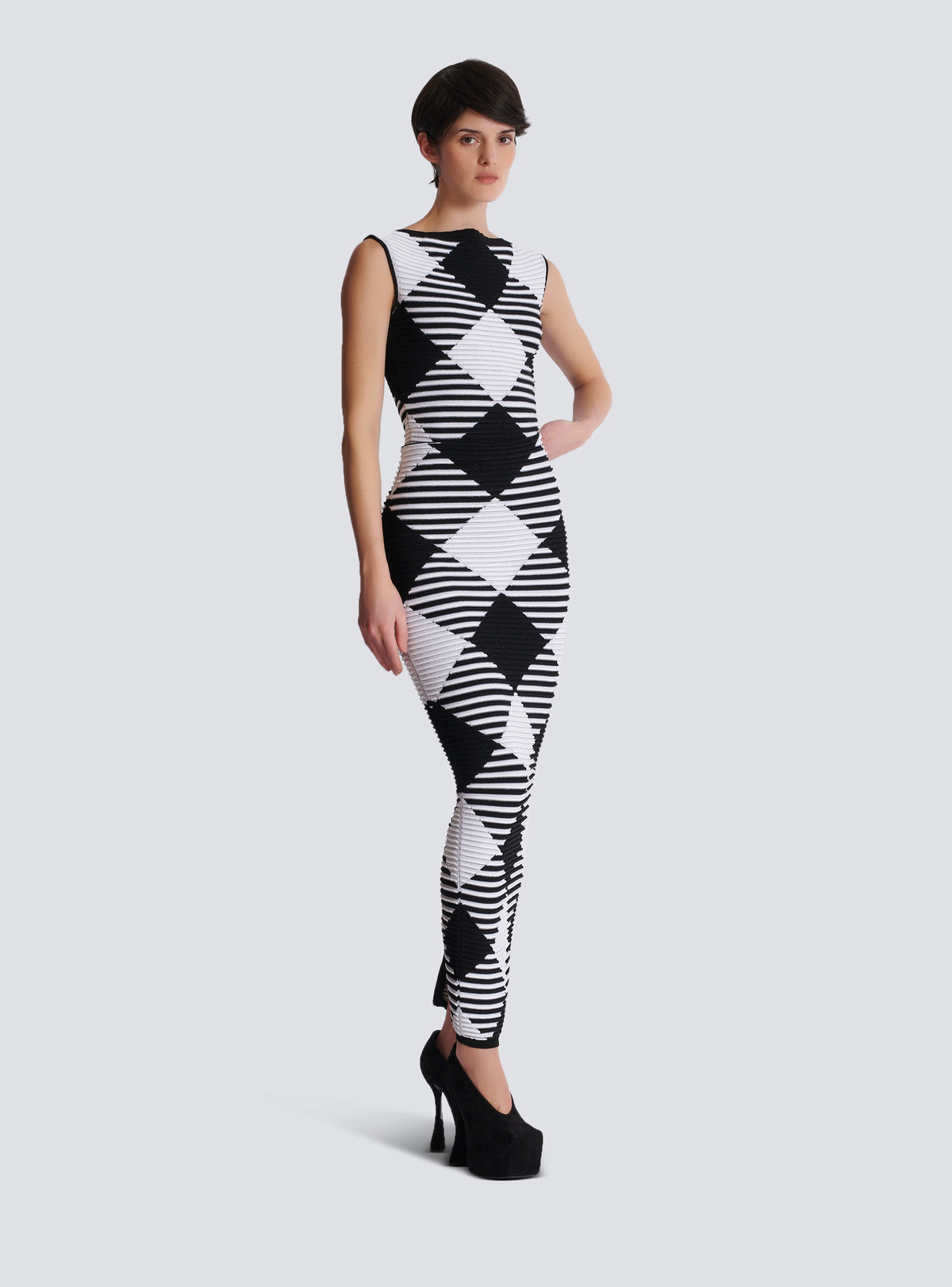 Jupe mi-longue en maille roulottée vichy - Noir & Blanc