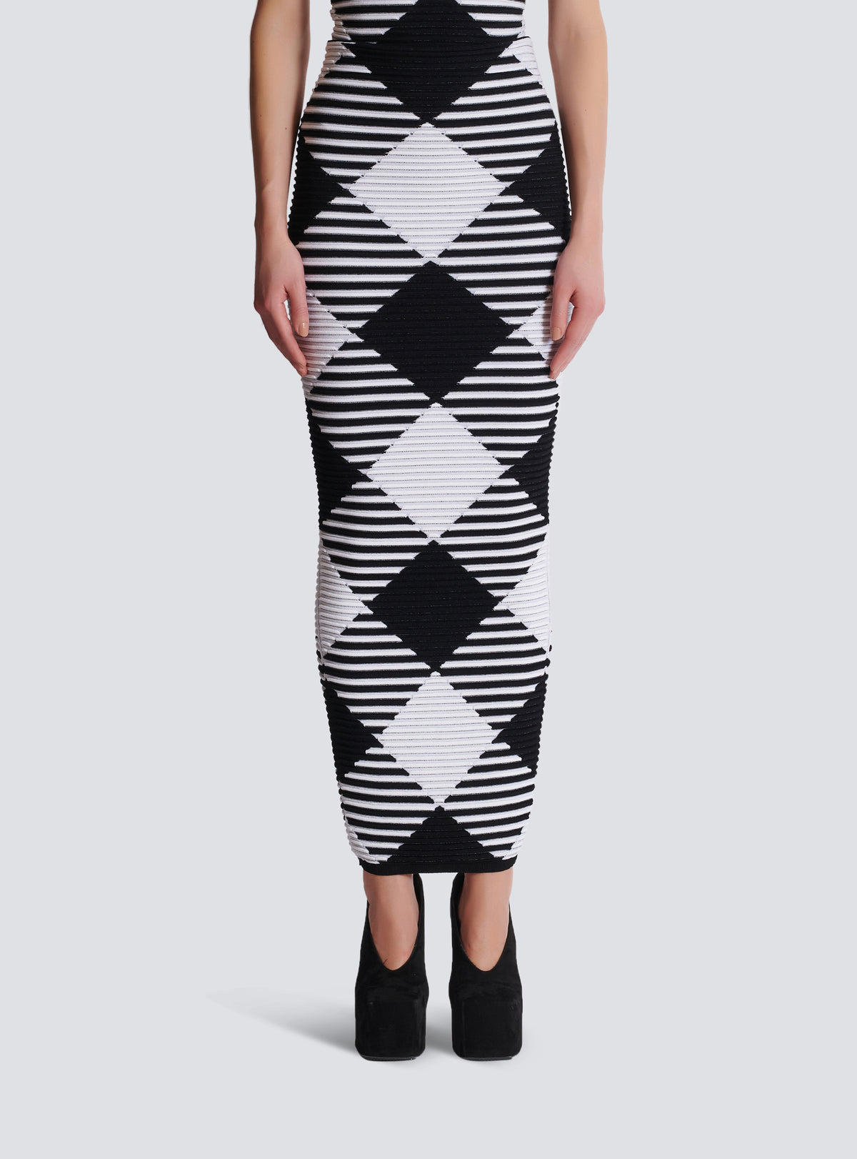 Jupe mi-longue en maille roulottée vichy - Noir & Blanc