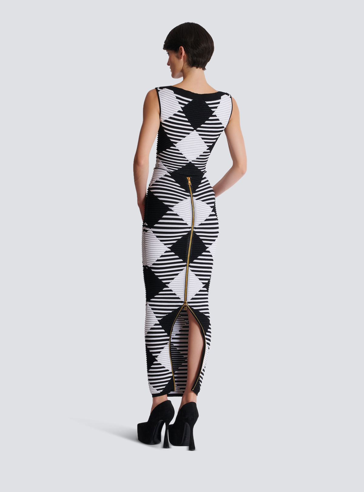 Jupe mi-longue en maille roulottée vichy - Noir & Blanc