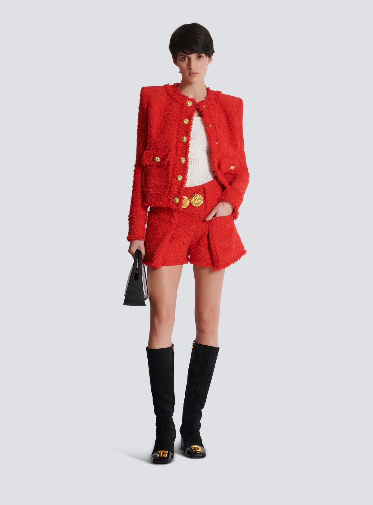 Short ceinturé en tweed avec boutons escargot - Rouge