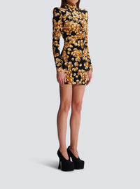 Short velvet dress with grape print - Black & Gold