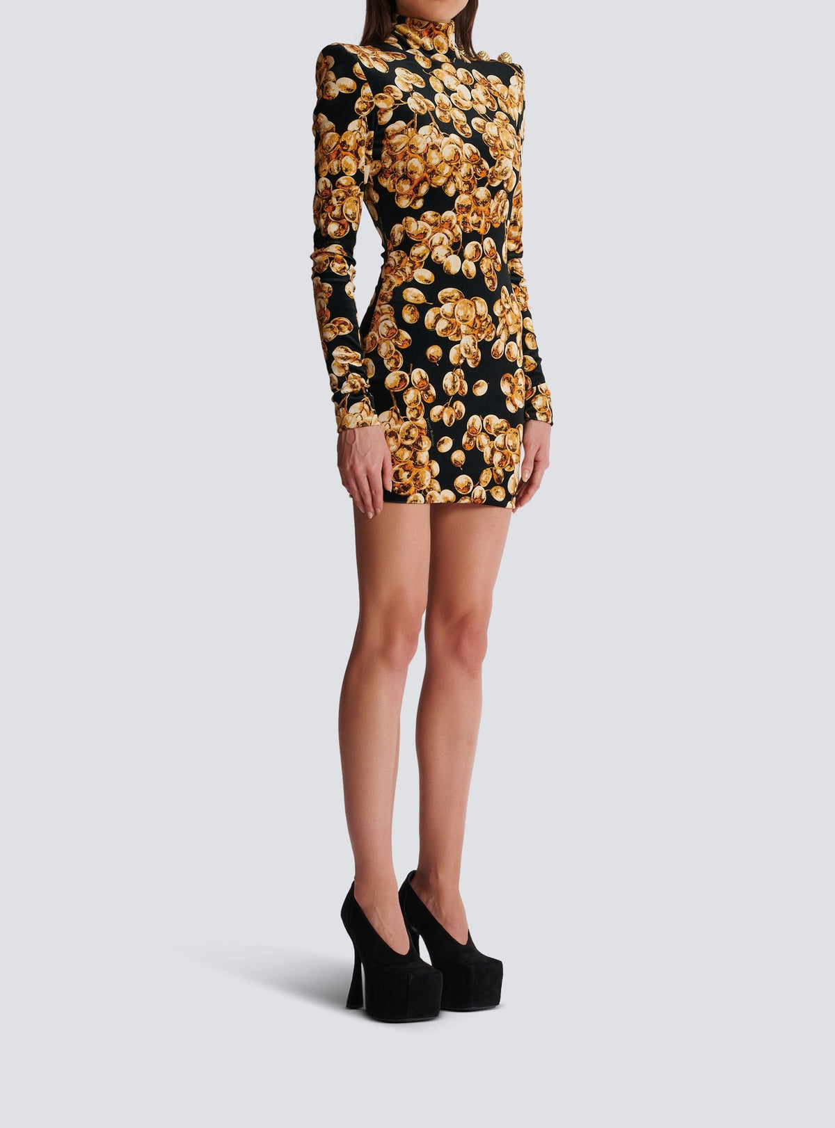 Short velvet dress with grape print - Black & Gold