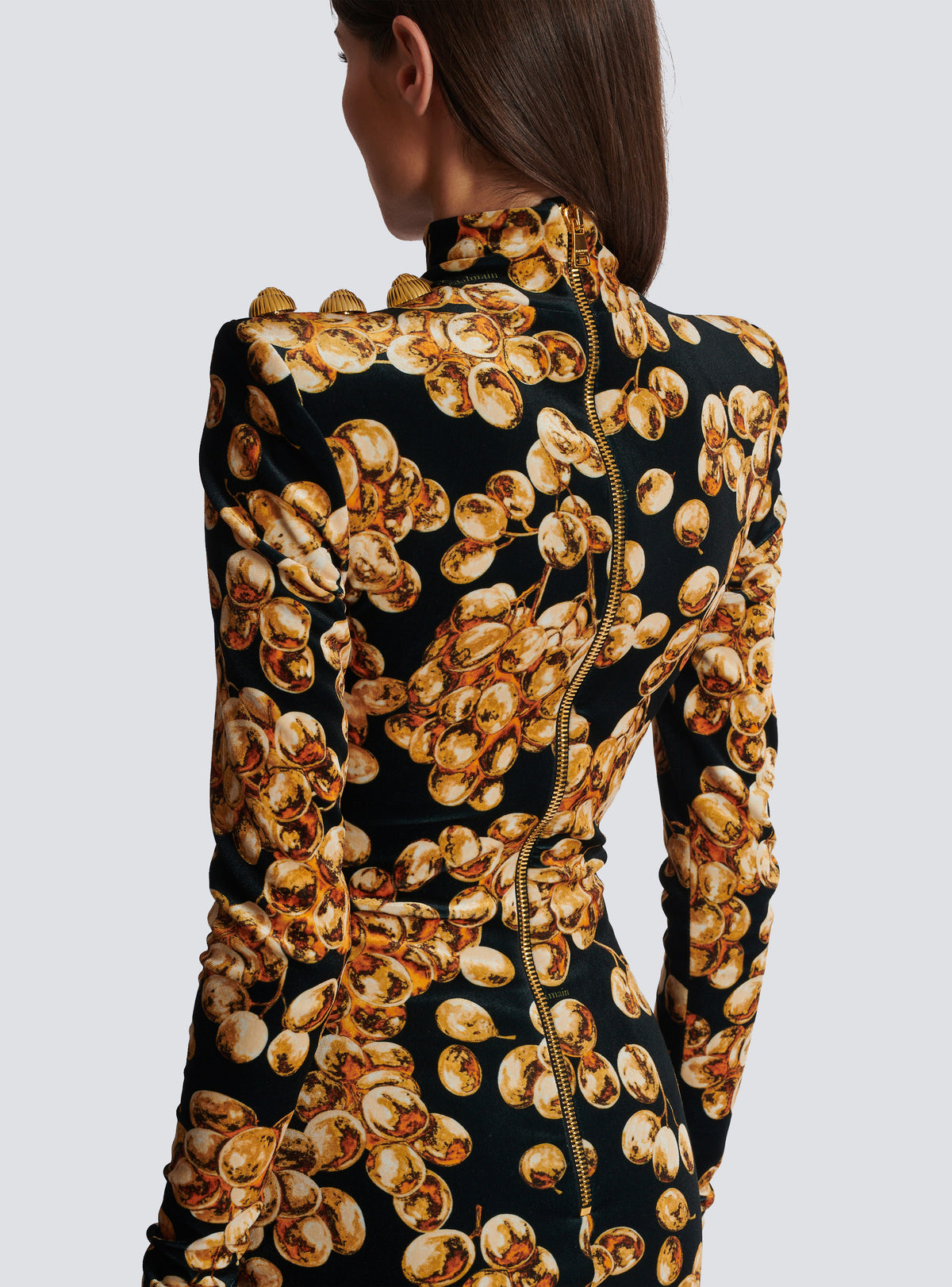 Robe courte en velours imprimé raisin - Noir & Doré