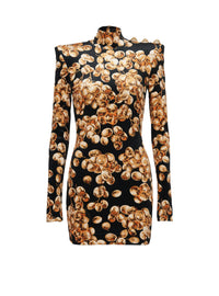 Short velvet dress with grape print - Black & Gold