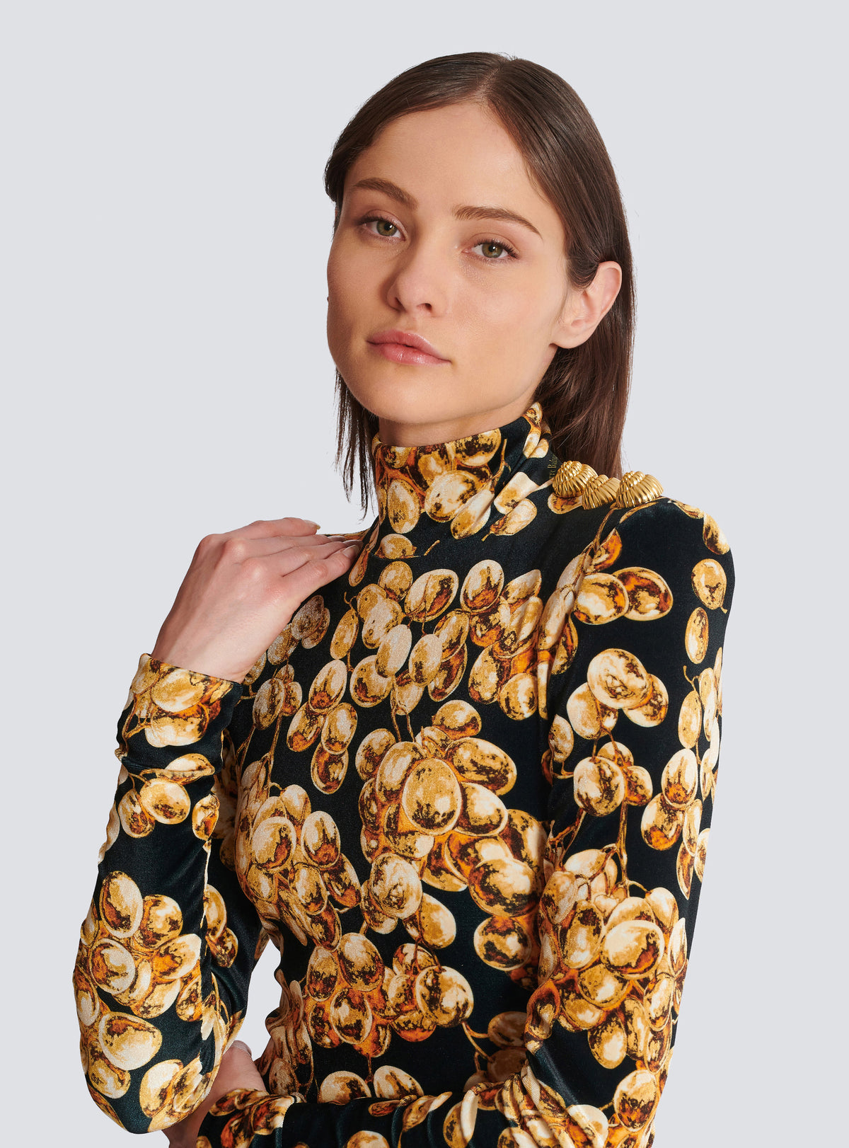 Robe courte en velours imprimé raisin - Noir & Doré