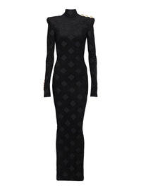 Long gingham bouclé knit dress - Black