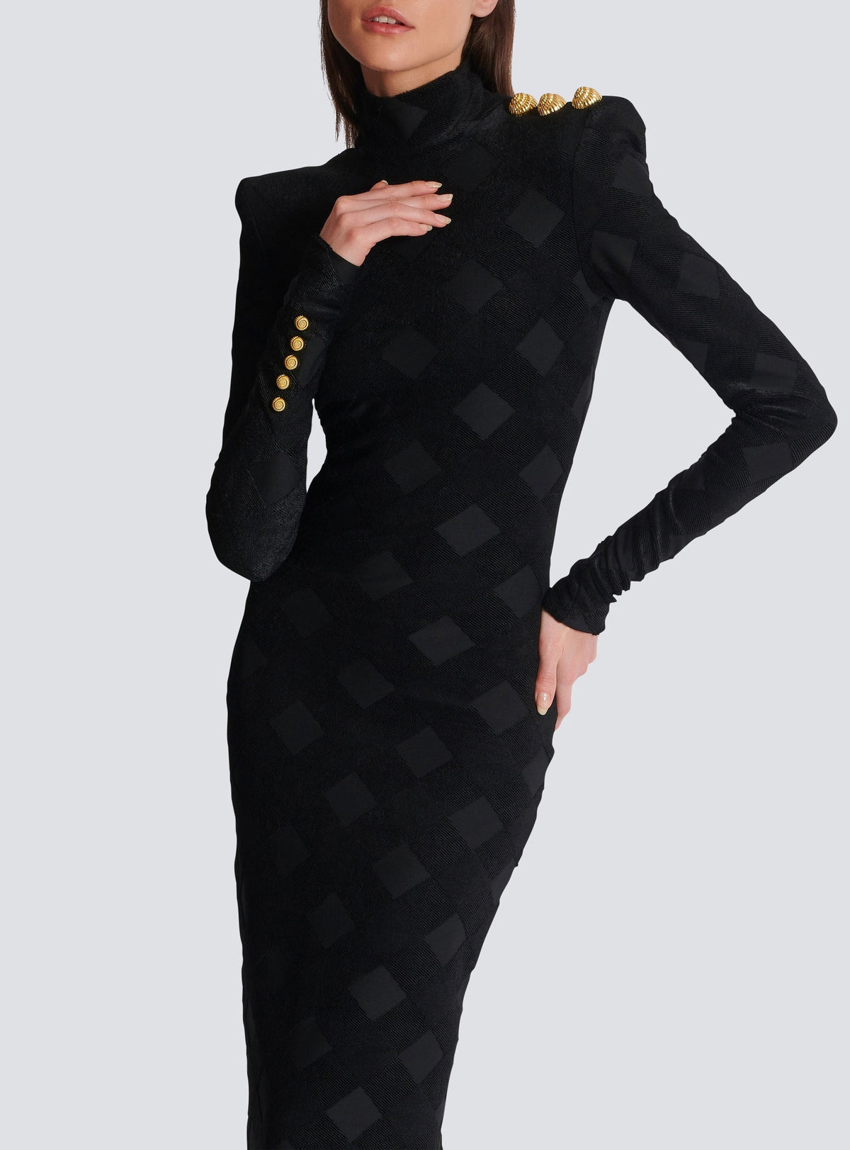 Long gingham bouclé knit dress - Black