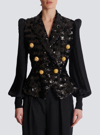 Veste 6 boutons sequins et mousseline - Noir